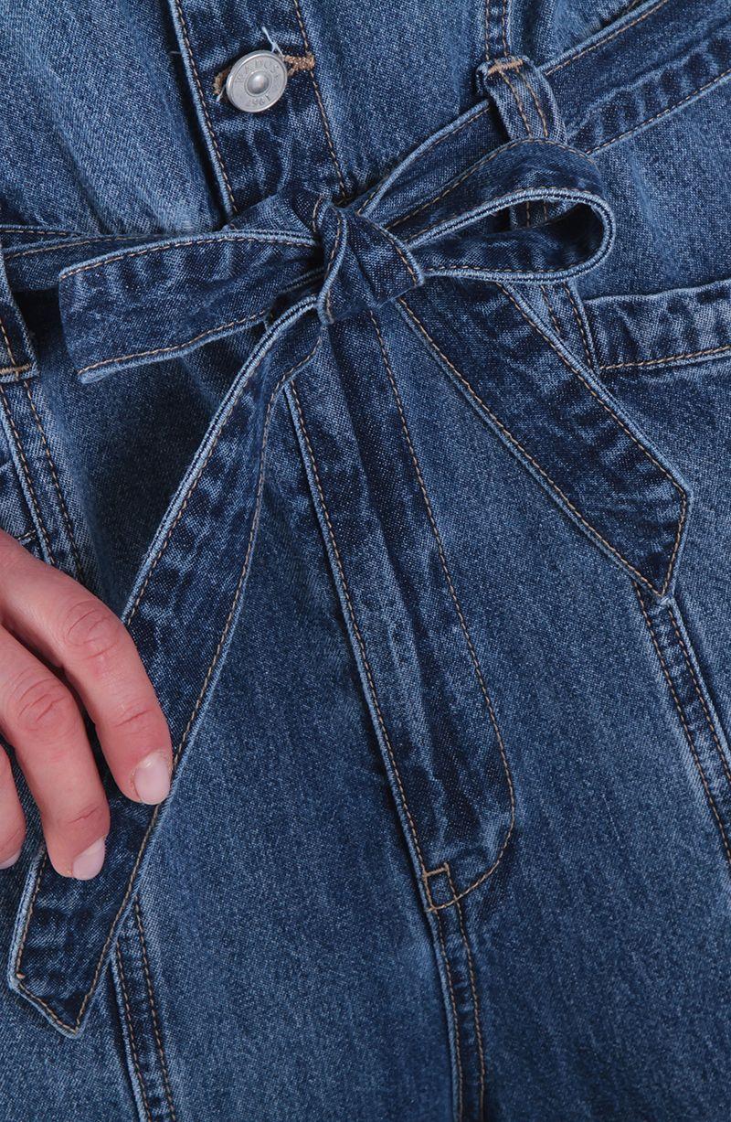 Enterito Denim Manga Corta Abotonado En Delantero Con Lazo En Cintura-4