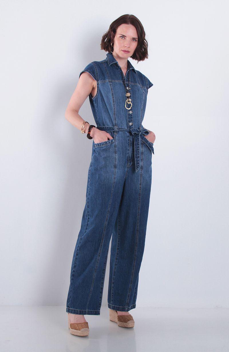 Enterito Denim Manga Corta Abotonado En Delantero Con Lazo En Cintura-5
