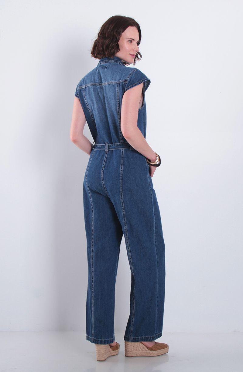 Enterito Denim Manga Corta Abotonado En Delantero Con Lazo En Cintura-6