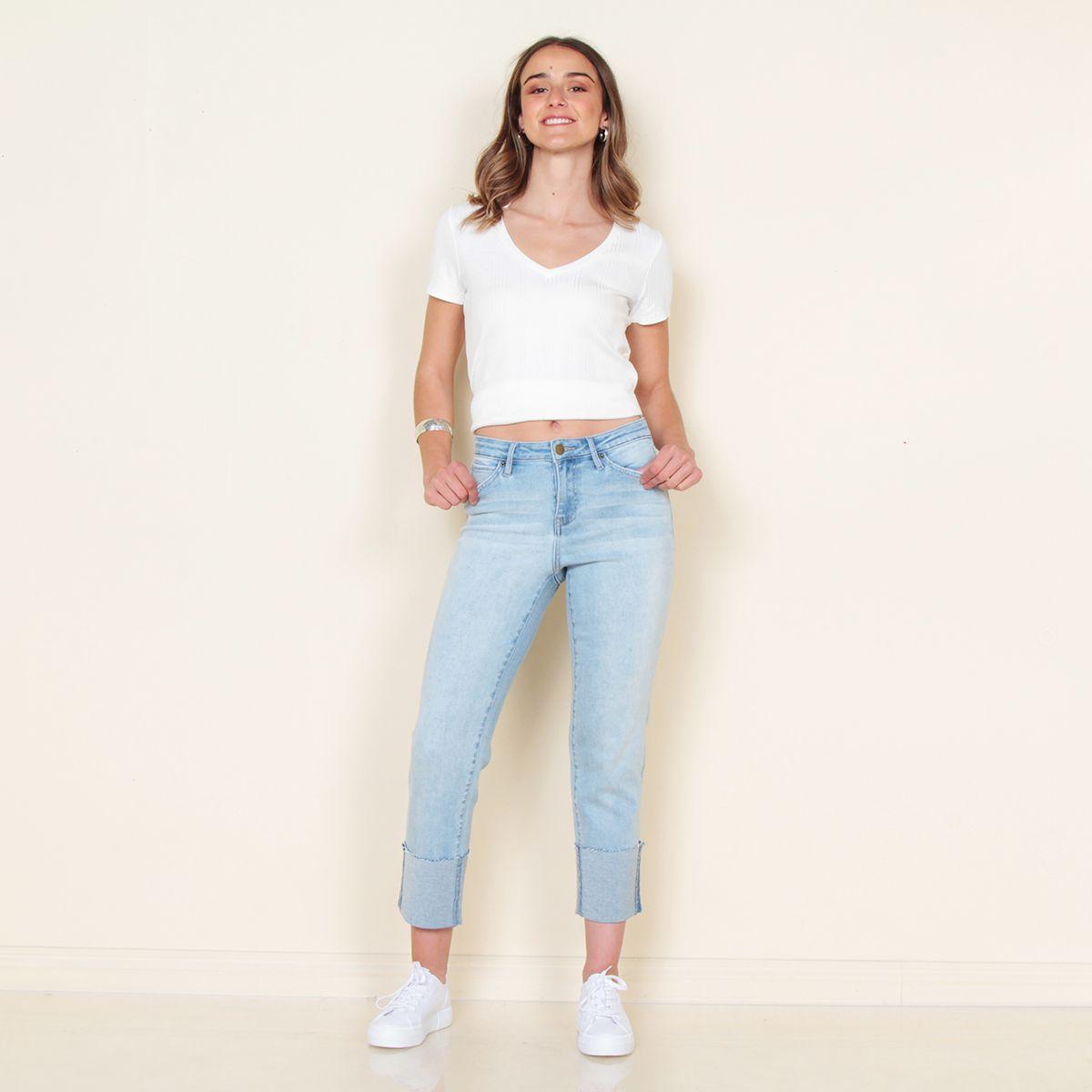 Jeans Recto Tiro Alto Pretina Basica 1 Boton Con Basta Doblada-4