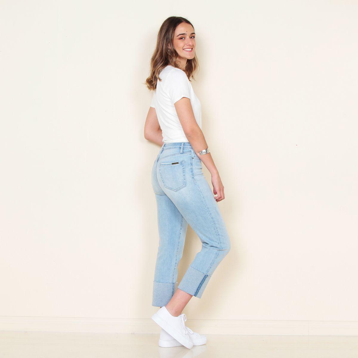 Jeans Recto Tiro Alto Pretina Basica 1 Boton Con Basta Doblada-7