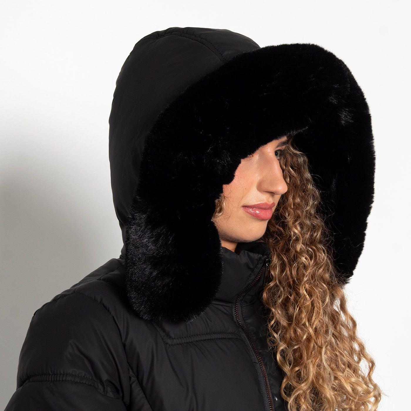 Parka Larga Manga Larga Capucha   Piel Sintetica-3