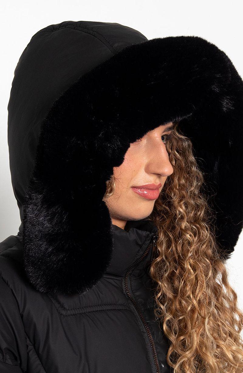 Parka Larga Manga Larga Capucha   Piel Sintetica-3