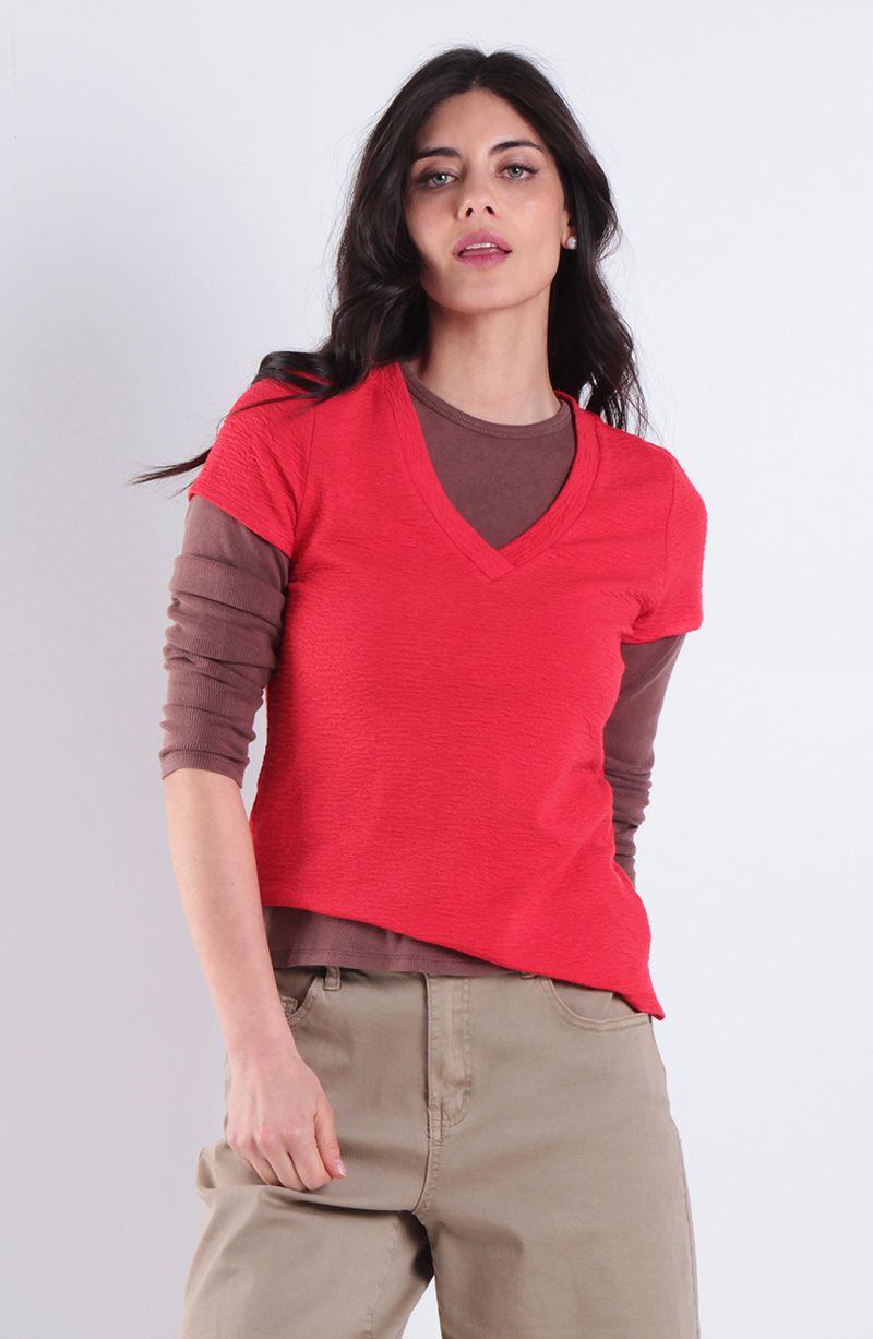 Polera Textura Manga Corta Escote V-0