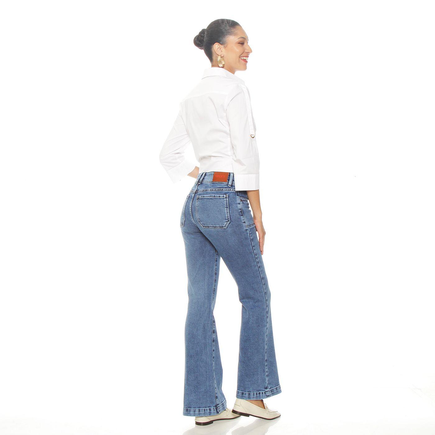 Jeans Cargo Flare Tiro Alto Pretina    Media Dos Botones-5