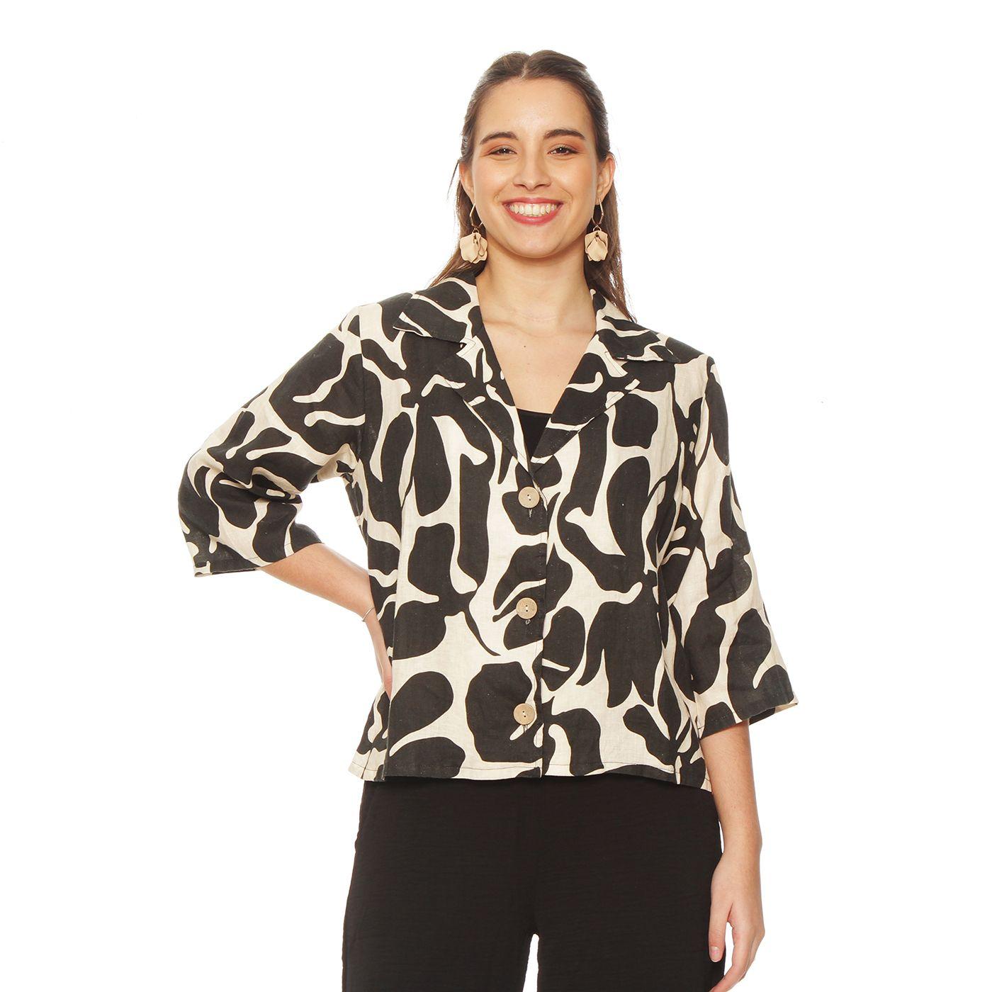 Chaqueta Manga 3/4 Lino Estampado Abotonada N Delantero-2