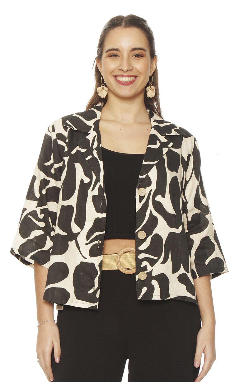 Chaqueta Manga 3/4 Lino Estampado Abotonada N Delantero-0