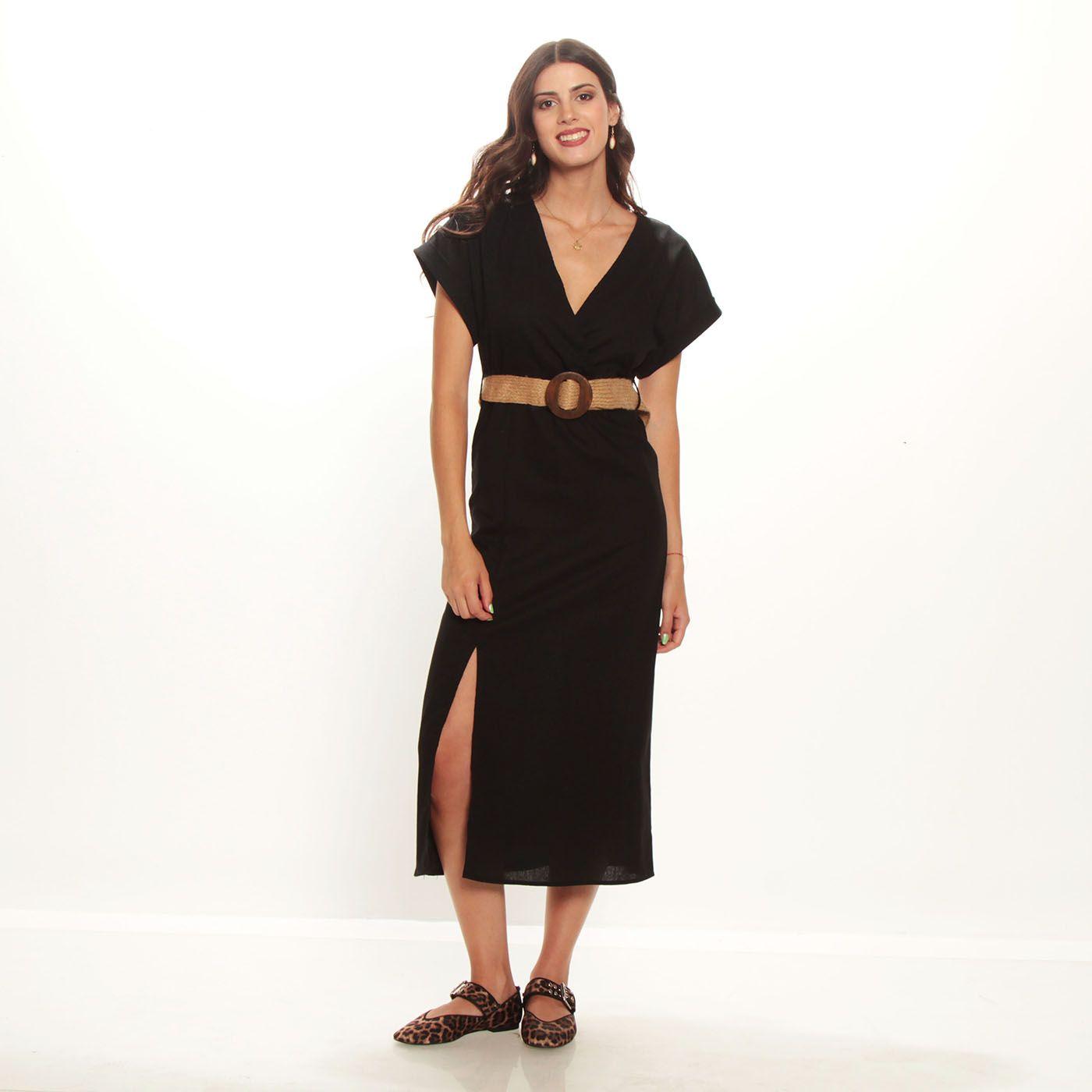 Vestido Manga Corta Escote V Con  Cinturon-0