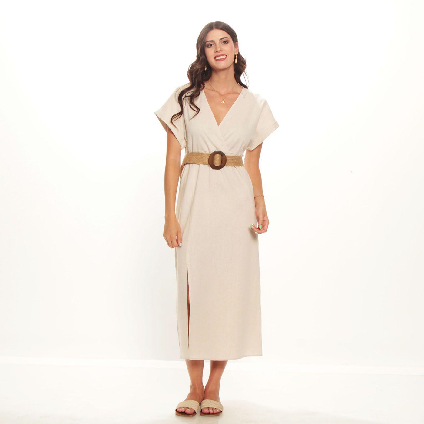 Vestido Manga Corta Escote V Con  Cinturon-0