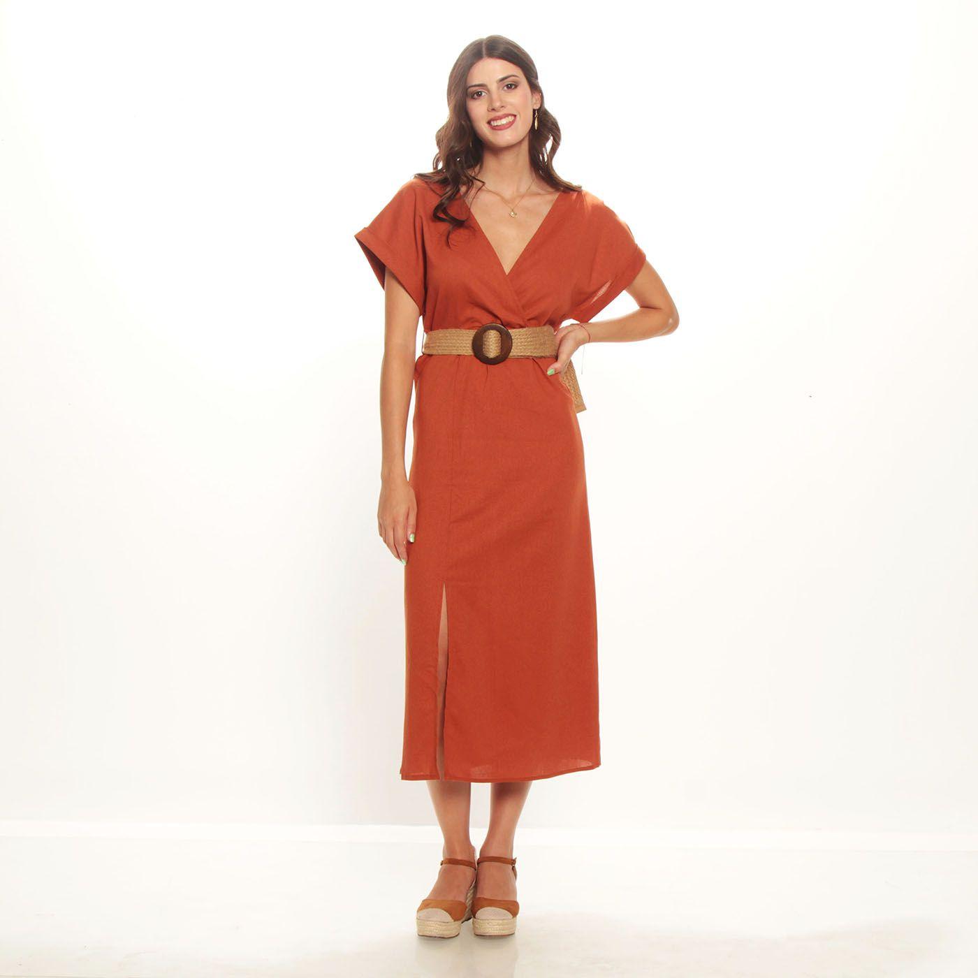 Vestido Manga Corta Escote V Con  Cinturon-0