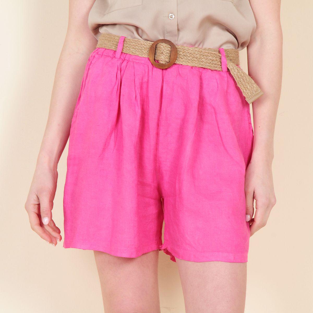 Short Lino Solido Con Cinturon Y Bolsillos-2