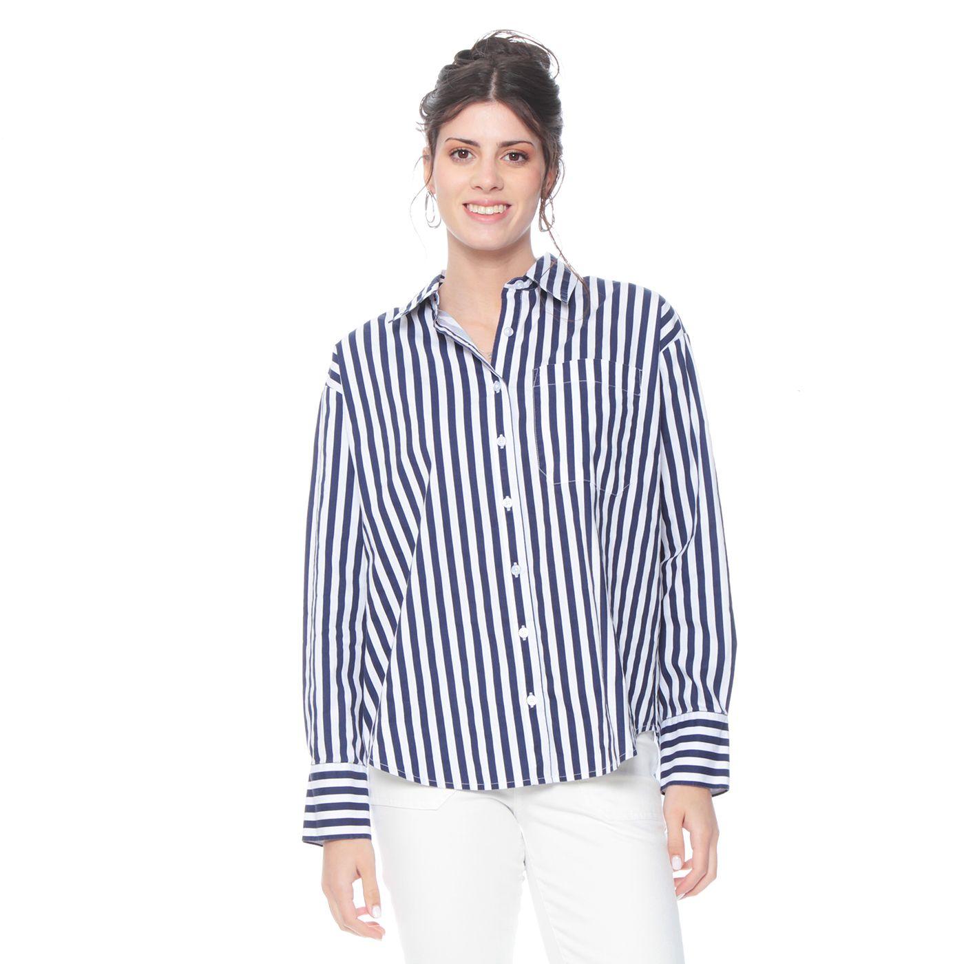 Blusa Manga Larga Listada Abotonada En Delantero  Y Bolsillo-0