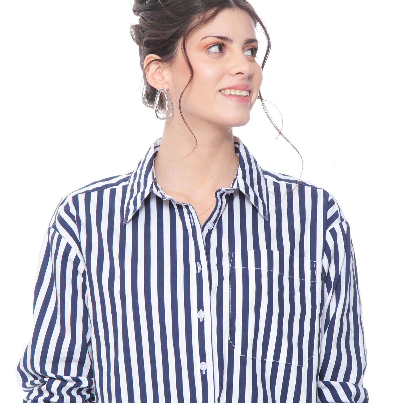 Blusa Manga Larga Listada Abotonada En Delantero  Y Bolsillo-1