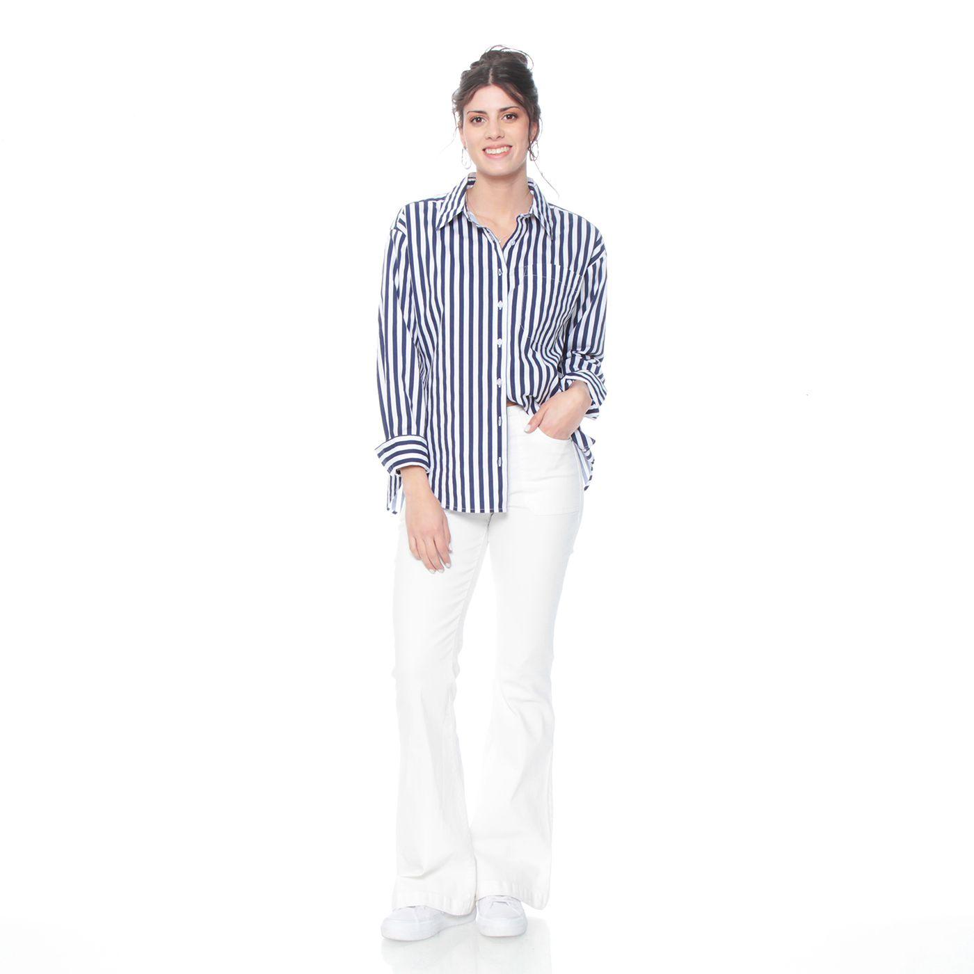Blusa Manga Larga Listada Abotonada En Delantero  Y Bolsillo-3