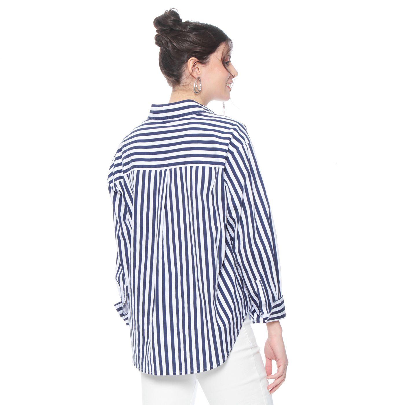 Blusa Manga Larga Listada Abotonada En Delantero  Y Bolsillo-5