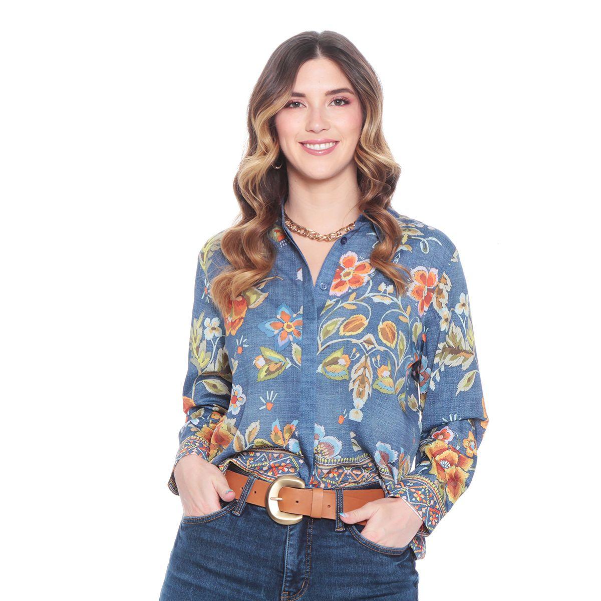 Blusa Manga Larga Estamapada Abotonada En Delantero-0