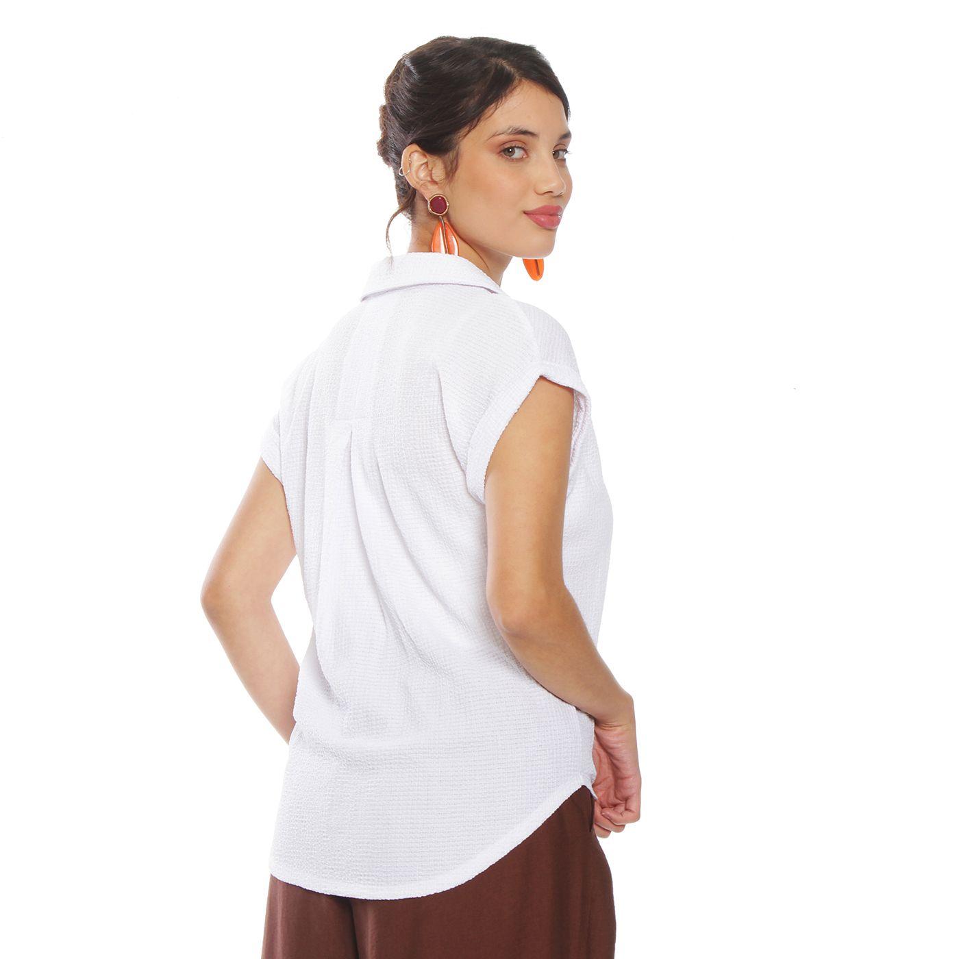Blusa Manga Corta Solida Abotonada En Delantero Con Bolsillo-4
