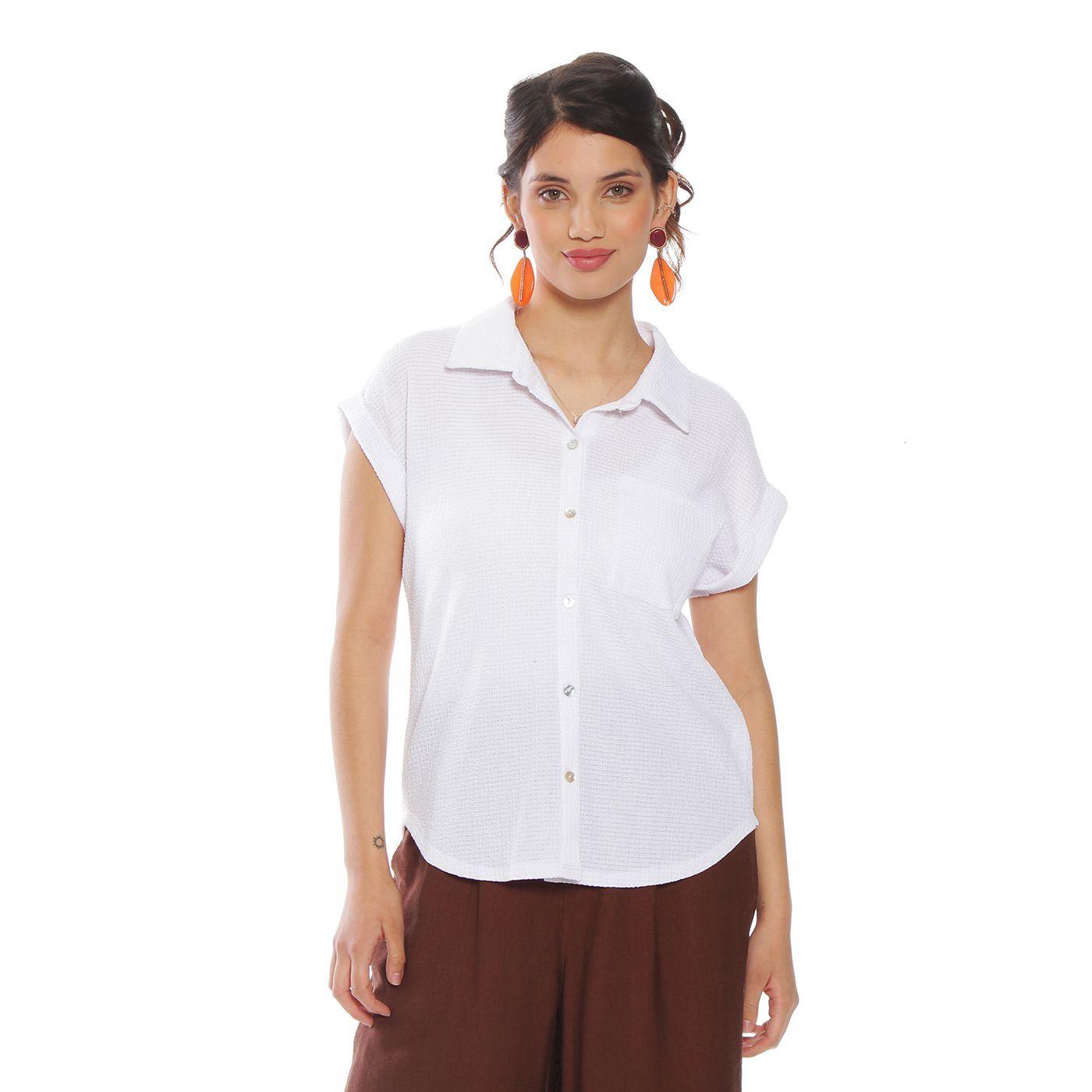 Blusa Manga Corta Solida Abotonada En Delantero Con Bolsillo-0