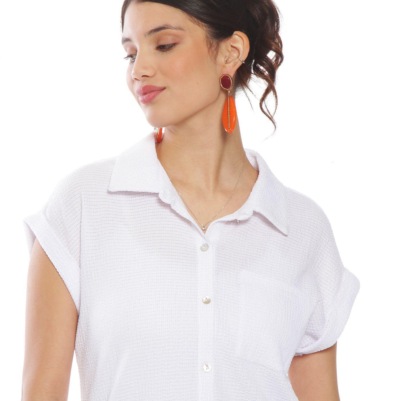 Blusa Manga Corta Solida Abotonada En Delantero Con Bolsillo-1