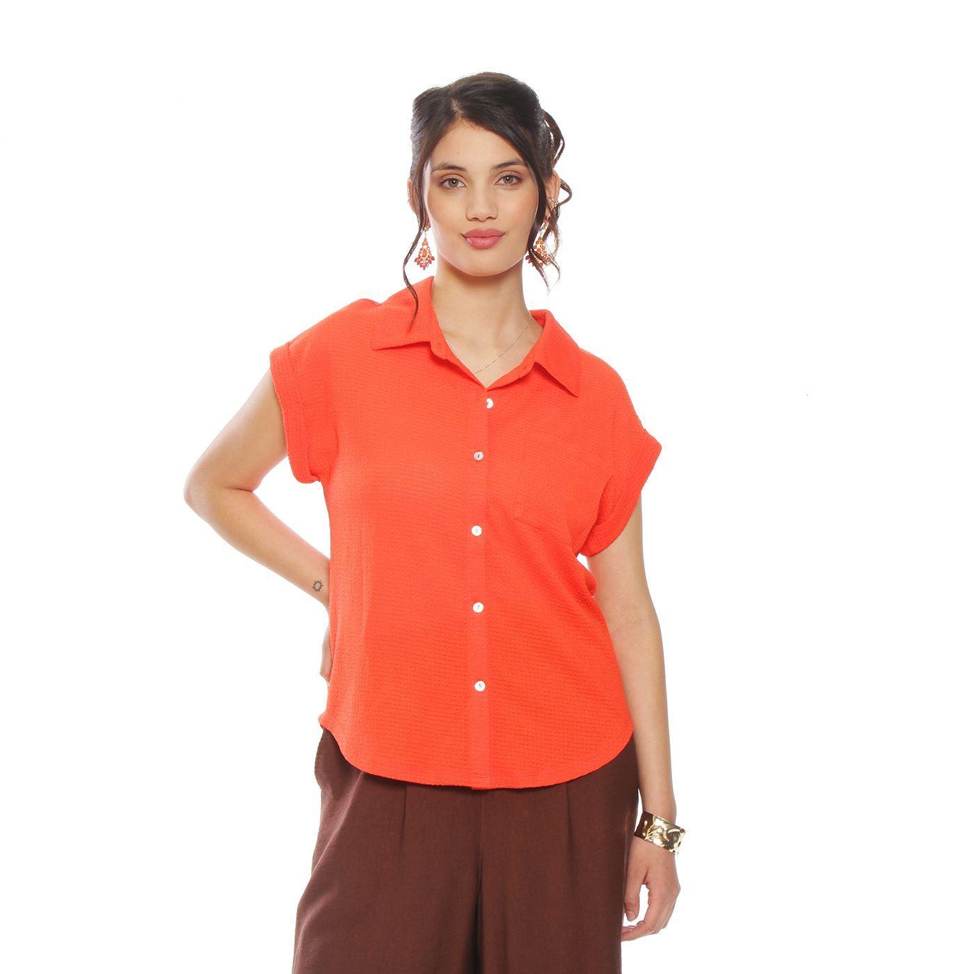 Blusa Manga Corta Solida Abotonada En Delantero Con Bolsillo-0