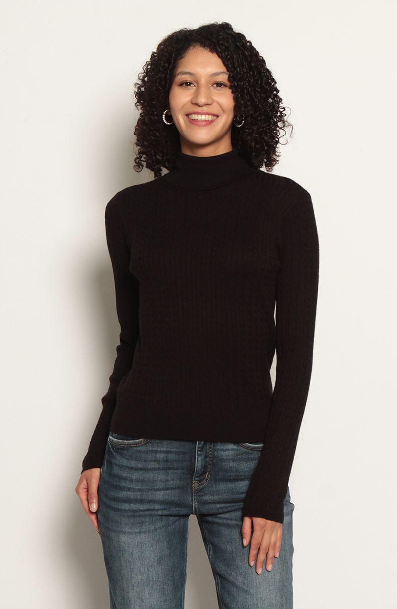 Sweater Manga Larga Trenzado Con Cuello Alto-0