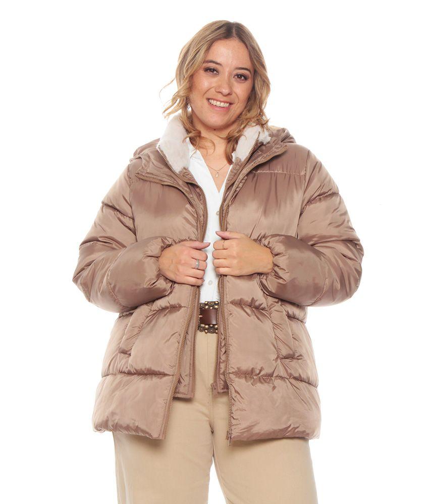 Parka Manga Larga Puffer Con Cierre Y Capucha Solido-0