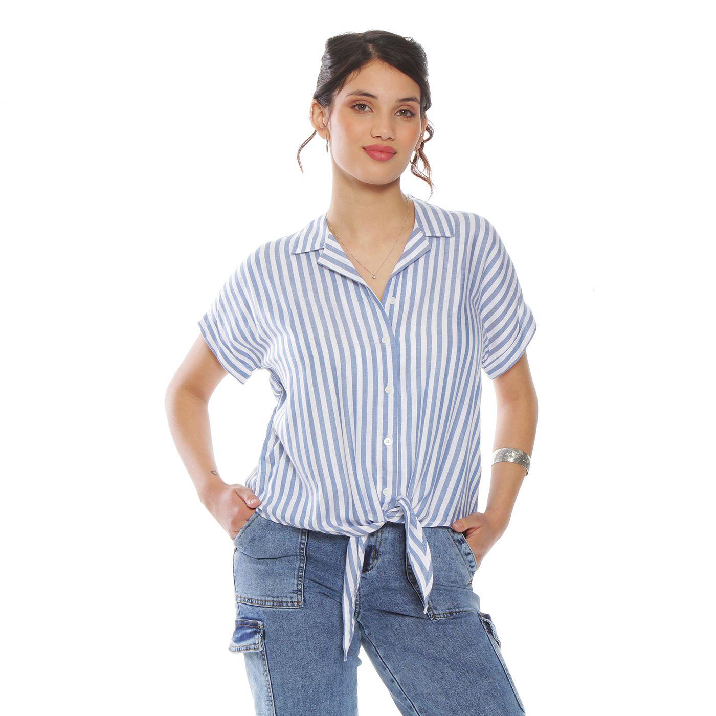 Blusa Manga Corta Listada Abotonada En Delantero Amarrada En Ruedo-0