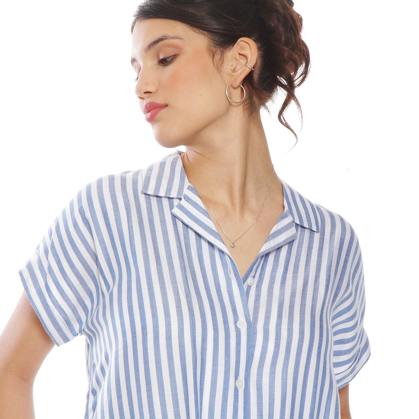 Blusa Manga Corta Listada Abotonada En Delantero Amarrada En Ruedo-1