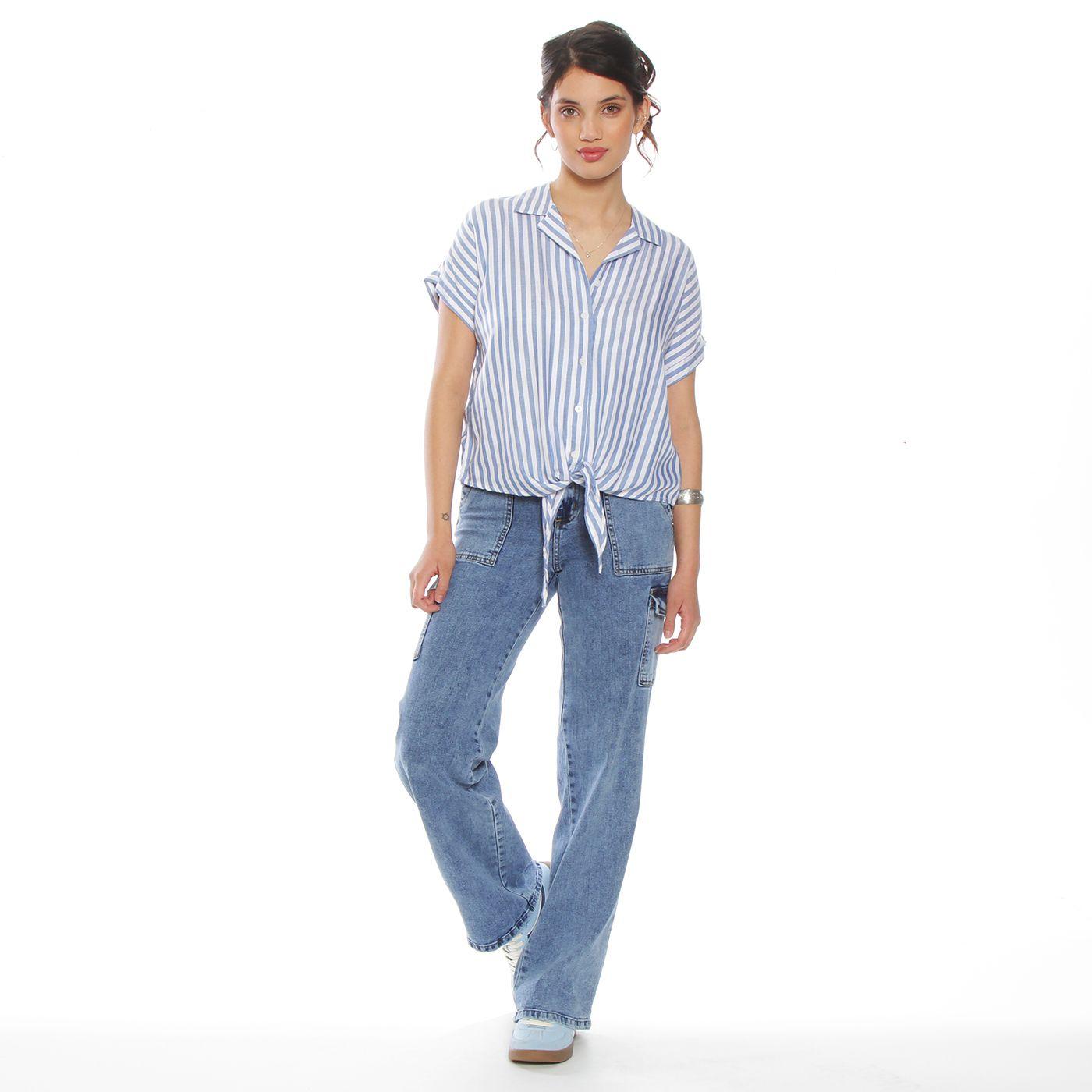 Blusa Manga Corta Listada Abotonada En Delantero Amarrada En Ruedo-4