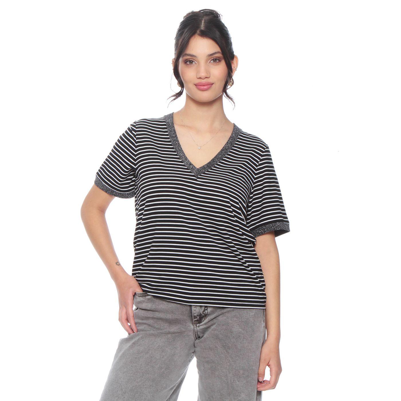 Polera Manga Corta Listada Escote En  V-0