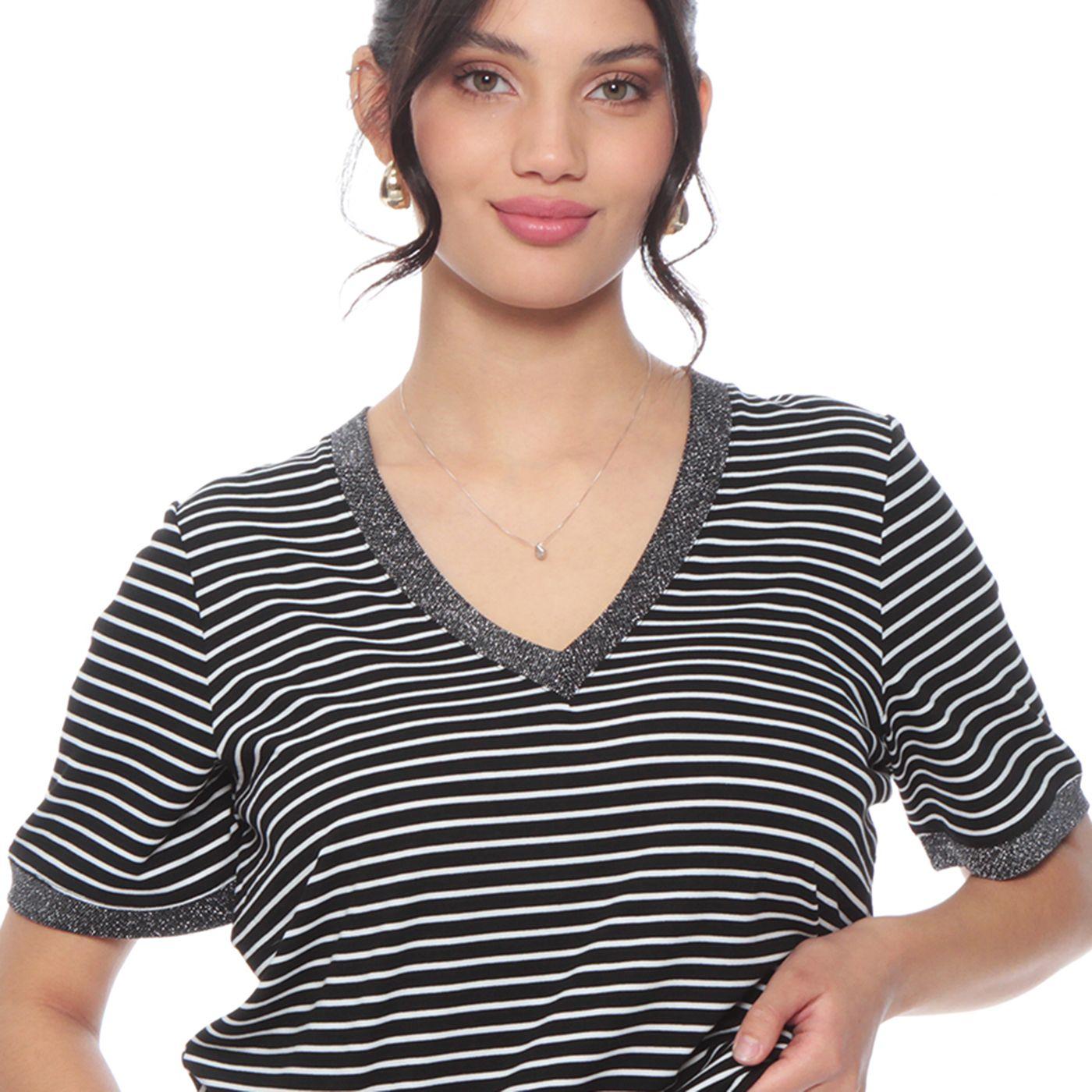 Polera Manga Corta Listada Escote En  V-1