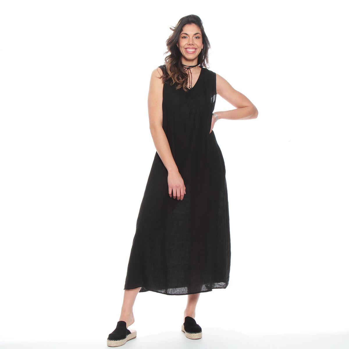 Vestido Sin Manga Lino Con Bolsillos Escote V-0