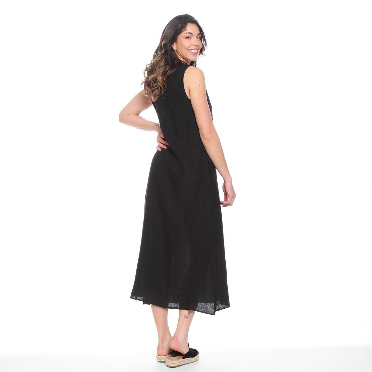 Vestido Sin Manga Lino Con Bolsillos Escote V-1