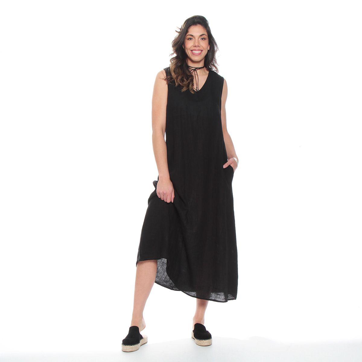 Vestido Sin Manga Lino Con Bolsillos Escote V-4