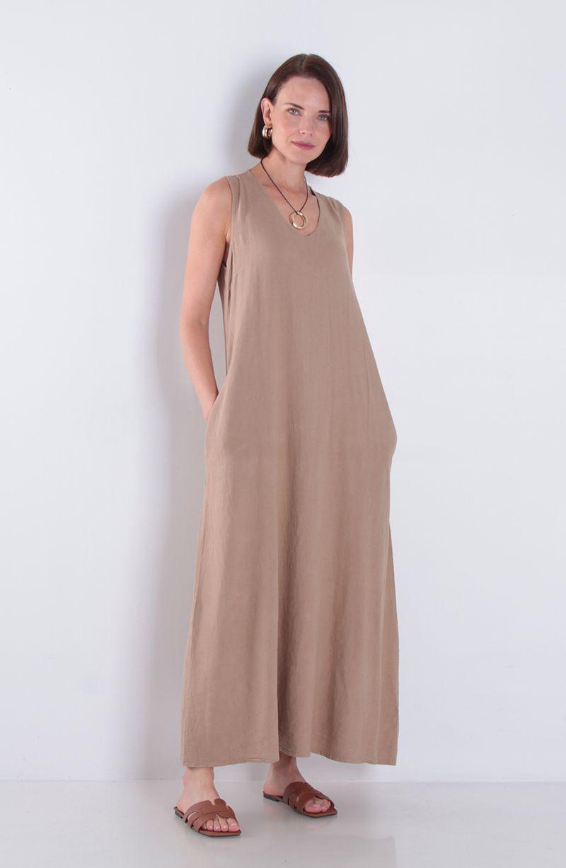 Vestido Sin Manga Lino Con Bolsillos Escote V-0