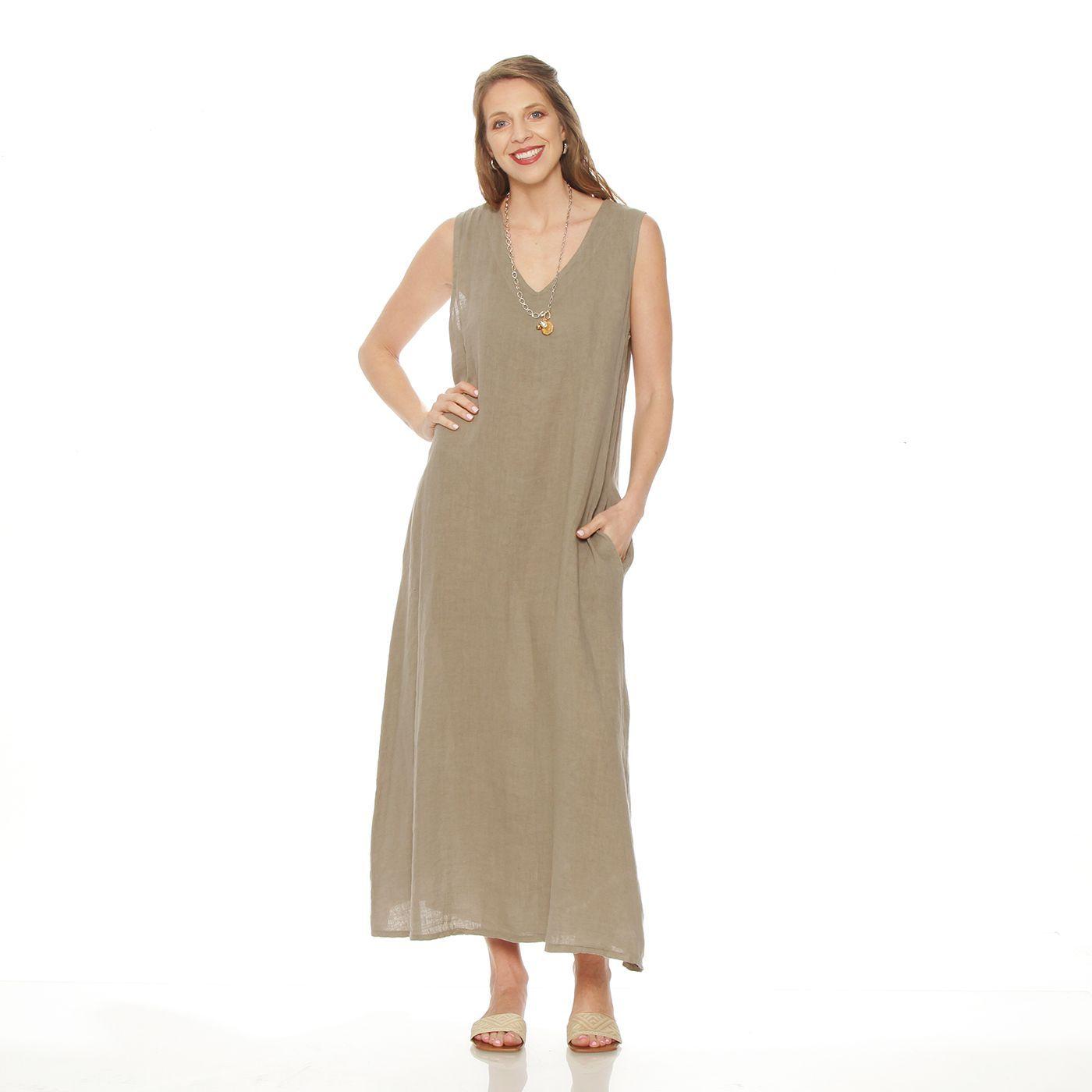 Vestido Sin Manga Lino Con Bolsillos Escote V-2