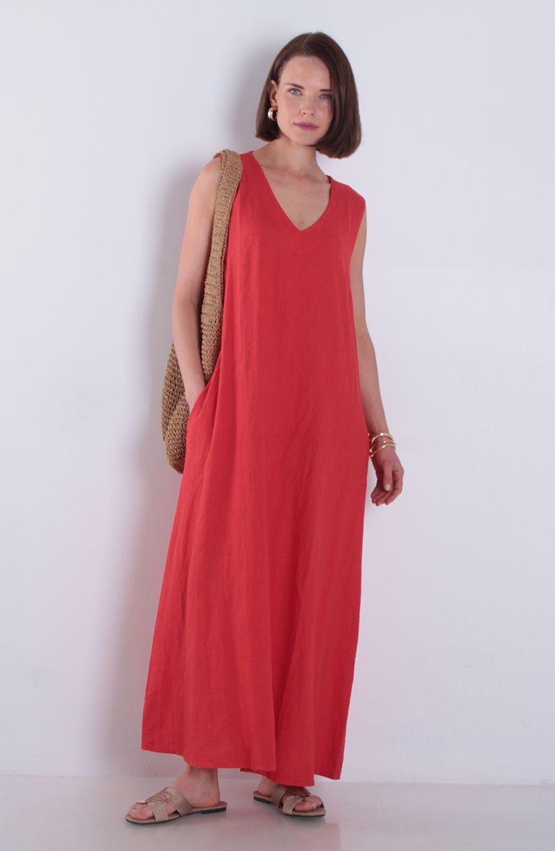 Vestido Sin Manga Lino Con Bolsillos Escote V-0