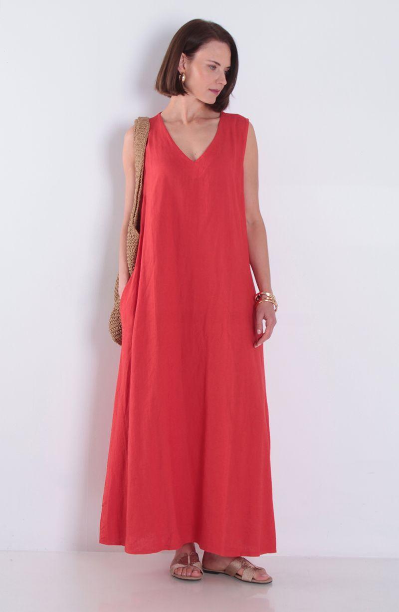 Vestido Sin Manga Lino Con Bolsillos Escote V-3
