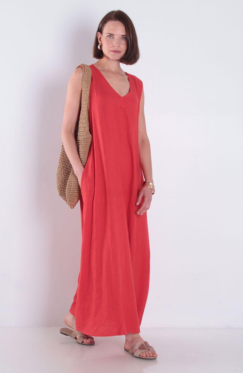 Vestido Sin Manga Lino Con Bolsillos Escote V-4