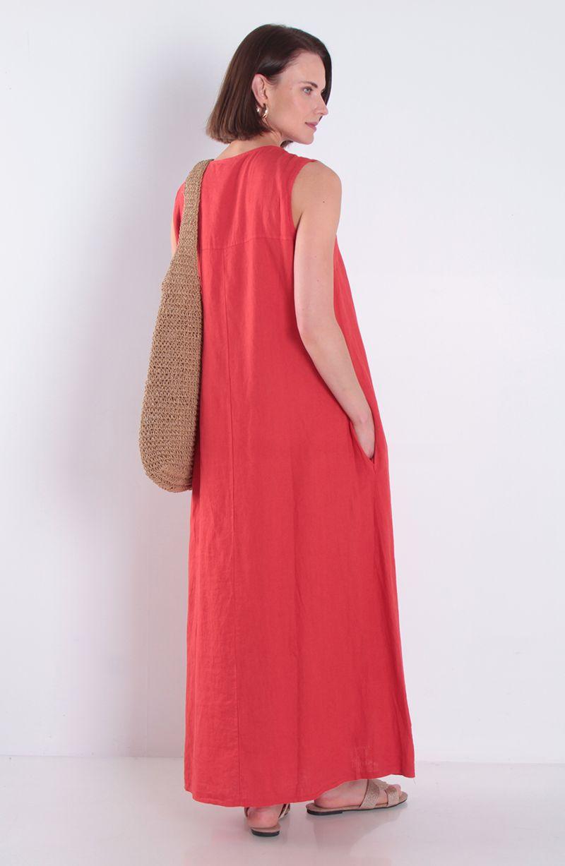 Vestido Sin Manga Lino Con Bolsillos Escote V-5