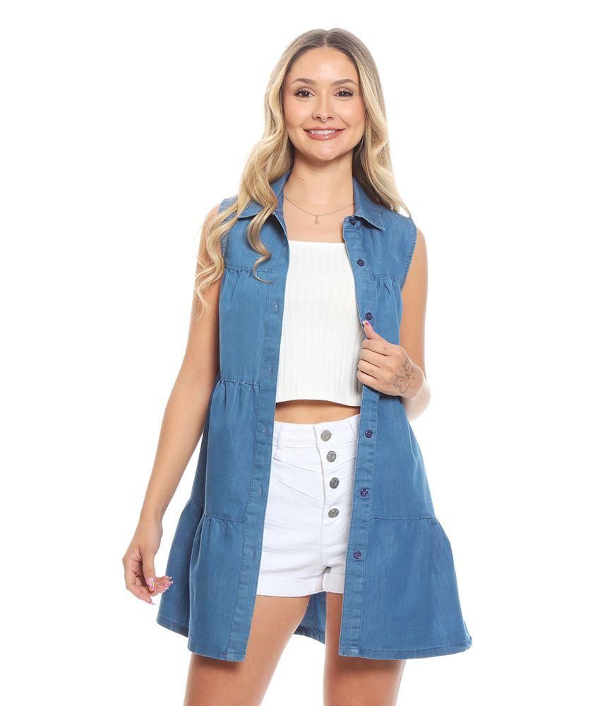 Vestido Denim Sin Manga Cuello Camisero Abotonado-0