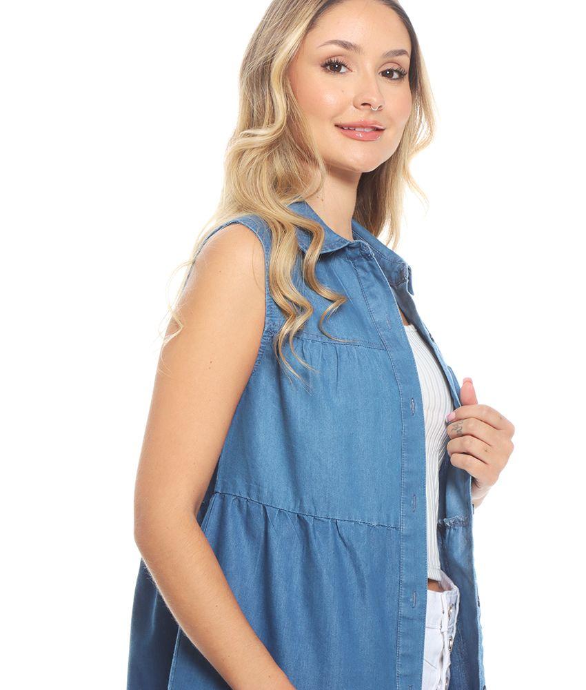 Vestido Denim Sin Manga Cuello Camisero Abotonado-2