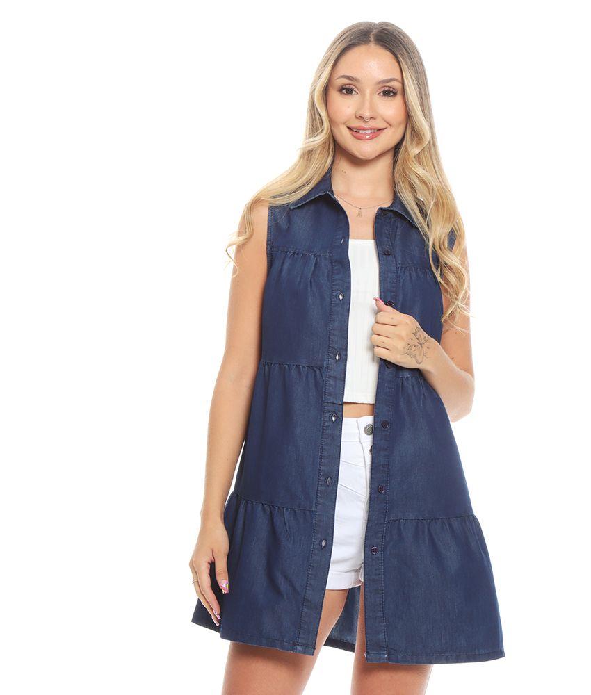 Vestido Denim Sin Manga Cuello Camisero Abotonado-0