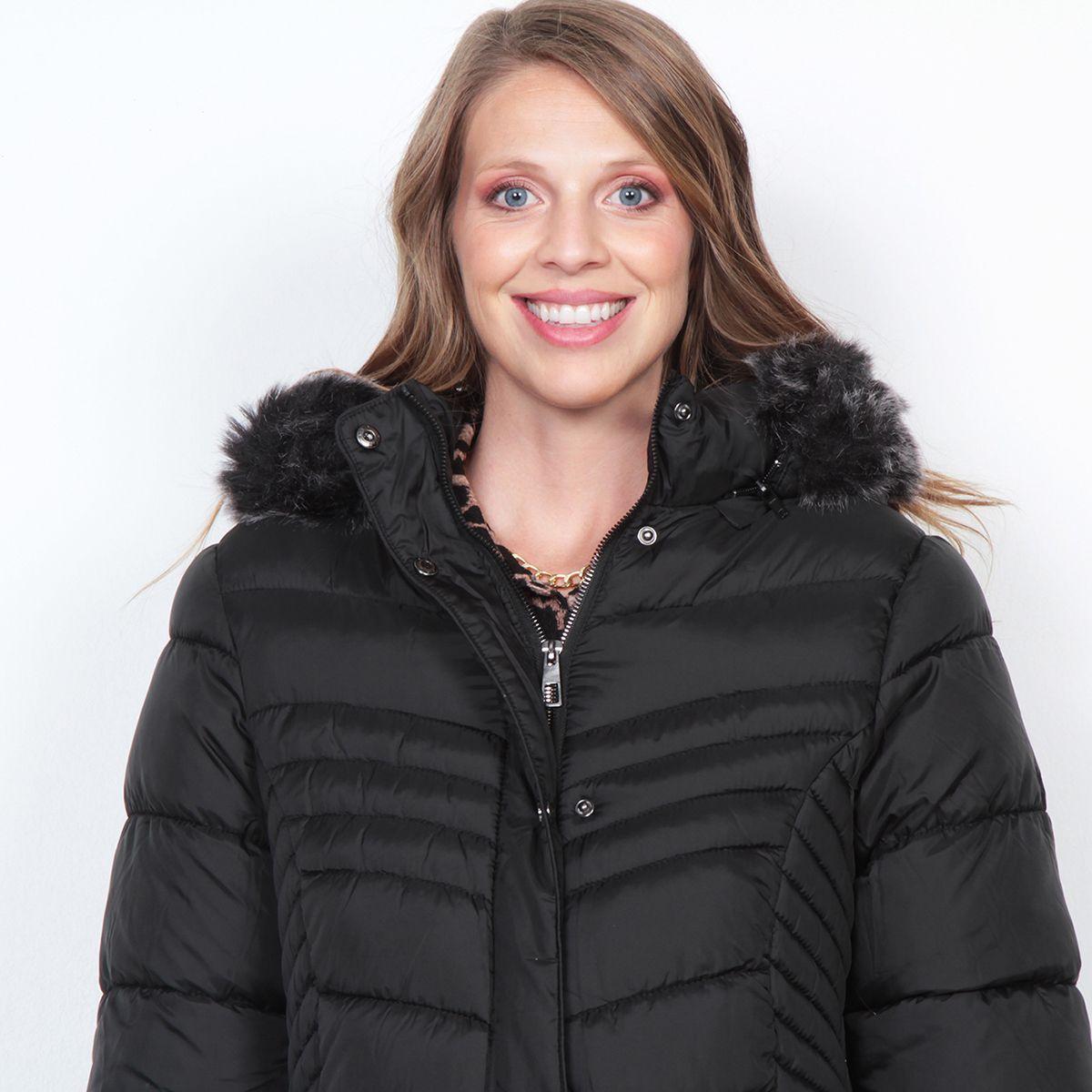 Parka Larga Manga Larga Con Piel En Capucha Y Bolsillo Con Cierre-2