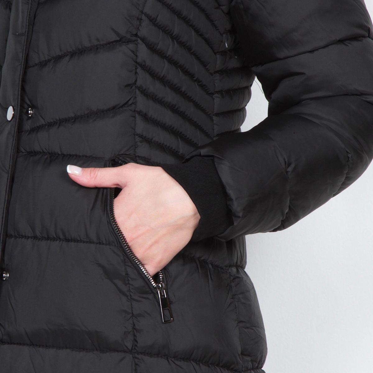 Parka Larga Manga Larga Con Piel En Capucha Y Bolsillo Con Cierre-3