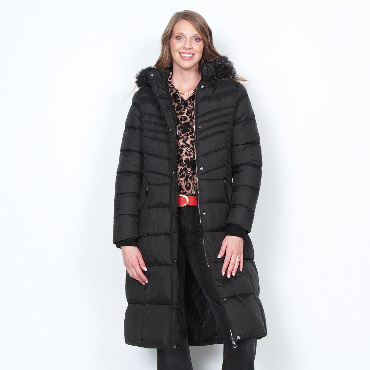 Parka Larga Manga Larga Con Piel En Capucha Y Bolsillo Con Cierre-4