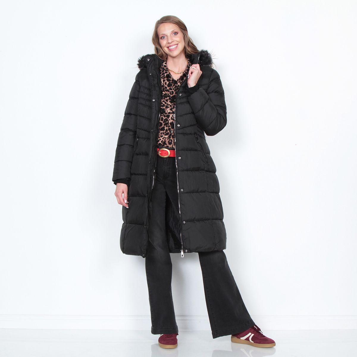 Parka Larga Manga Larga Con Piel En Capucha Y Bolsillo Con Cierre-7