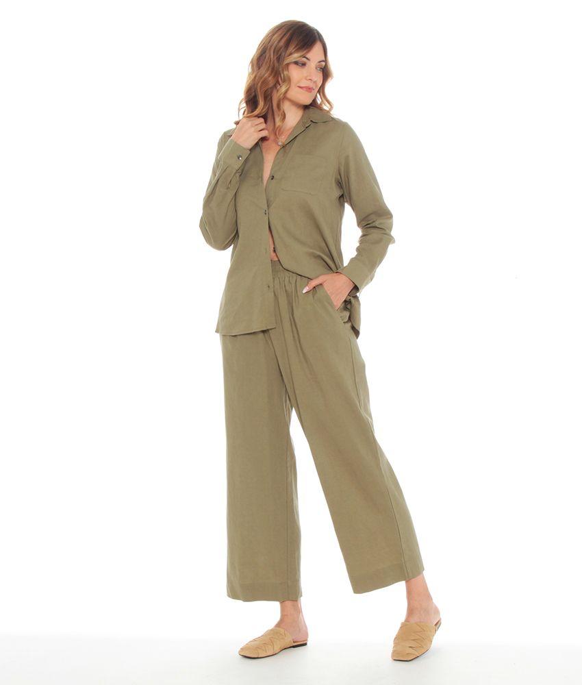 Pantalon Crop Ancho De Lino Con Pretina Elasticada-0