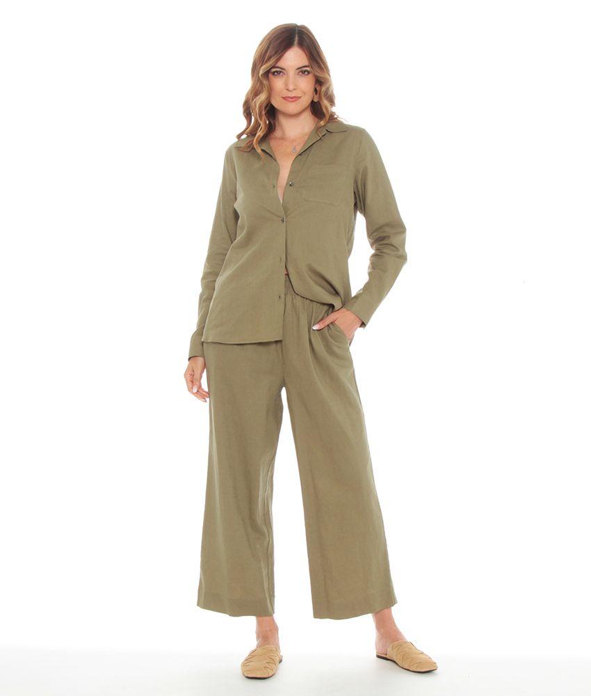 Pantalon Crop Ancho De Lino Con Pretina Elasticada-1