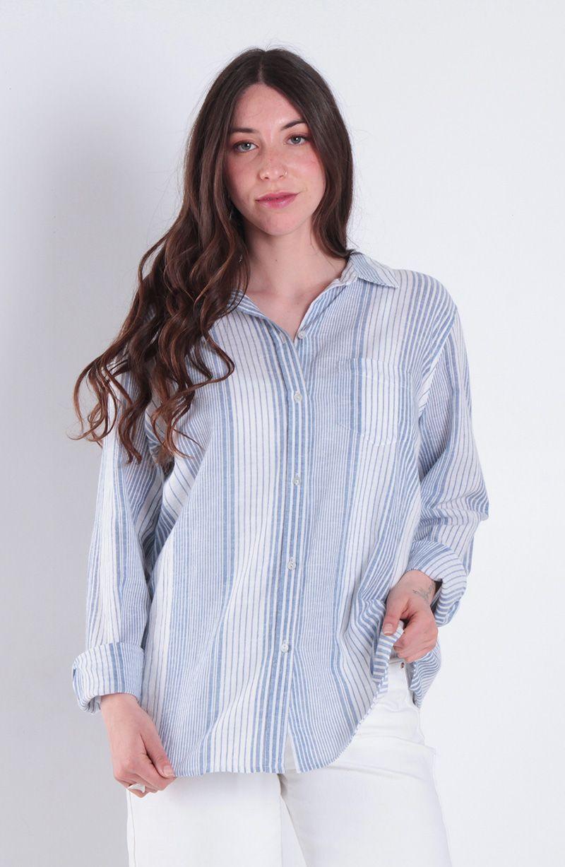 Blusa Listada Manga Larga Abotonada En Delantero-0